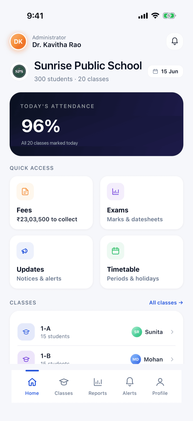 Clasendro admin dashboard with whole-campus overview