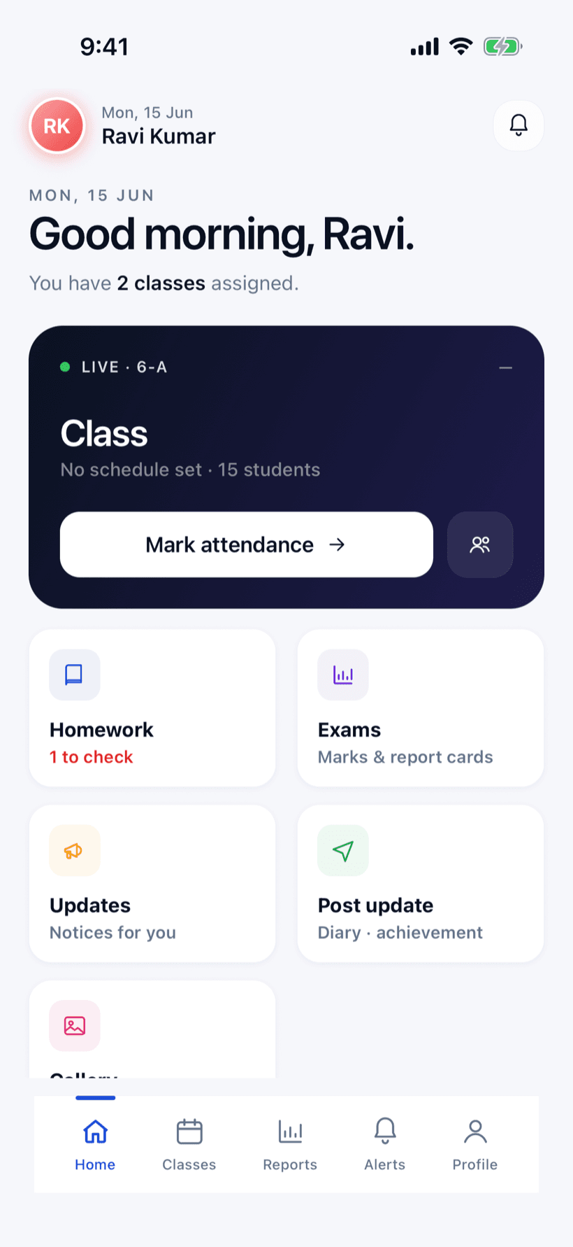 Clasendro Teacher home screen